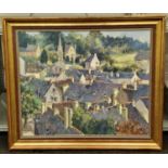 Gilt framed oil on canvas painting of an English townscape signed "Jones '89" 75x87cm.
