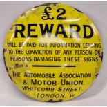 Contemporary enamel "£2 Reward" circular sign 30cm diameter.