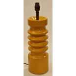 Vintage mid 20th century 1970's ribbed pottery table lamp in mustard yellow 44cm tall.