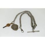 A Silver graduated link Watch Chain with T Bar & Fob. Approx 52 g