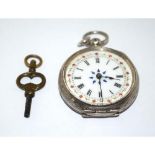 925 silver fob watch and key with enamel face and roman numerals ticking when cataloged