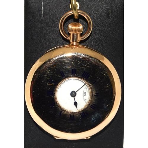 9ct gold side wind half hunter pocket watch set with enamel face and roman numerals with - Image 2 of 10