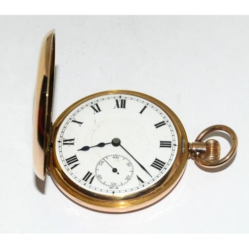 9ct gold side wind half hunter pocket watch set with enamel face and roman numerals with - Image 9 of 10