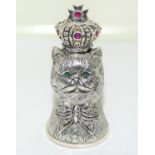 An Unusual Vesta Case in the form of a Royal Cat the Crown Set with Rubies, Emerald eyes.