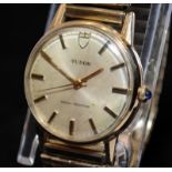 Rolex Tudor gents 9ct gold cased manual wind watch with sapphire cabochon tipped winder. Includes