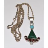 A silver chain 25" with pendant Diamond, Turquoise, jade and garnet.