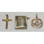 9ct gold Birmingham 1864 masonic square and compass together with a 9ct gold charm containing an