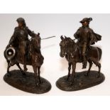 Two bronzed spelter Musketeers on horseback. 19cms tall