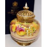 Royal Worcester gilded fruit pot pourri vase in bulbous form with a choice of two lids, a simple