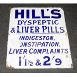 Vintage Hill's Dyspeptic & Liver Pills' enamel sign. Some slight damage and age related wear.