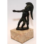 Small bronze statue on marble base depicting The suicide of Greek God Ajax. After a 5th Century BC