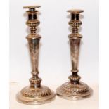 Georgian silver candle sticks with H/M to all parts slightly rubbed 31cm tall 13.5cm across the base