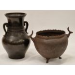 Bronzed colour twin handled oriental urn together with a decorative metal bowl with stag head