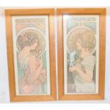 Two framed Alphonse Mucha Art Nouveau prints 'The Feather' and 'Primrose'. Attractive pine frames