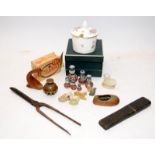 A selection of vintage collectibles to include a cut-throat razor, curling tongs, a boxed Minton