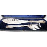 Victorian silver handled large cake serving slice and fork in original fitted case