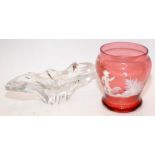 A Baccarat splash vase, 22cms across c/w a Mary Gregory cranberry glass vase 12.5cms tall