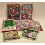 Football interest lot to include several folders of trading cards, vintage Tomy game and four xbox