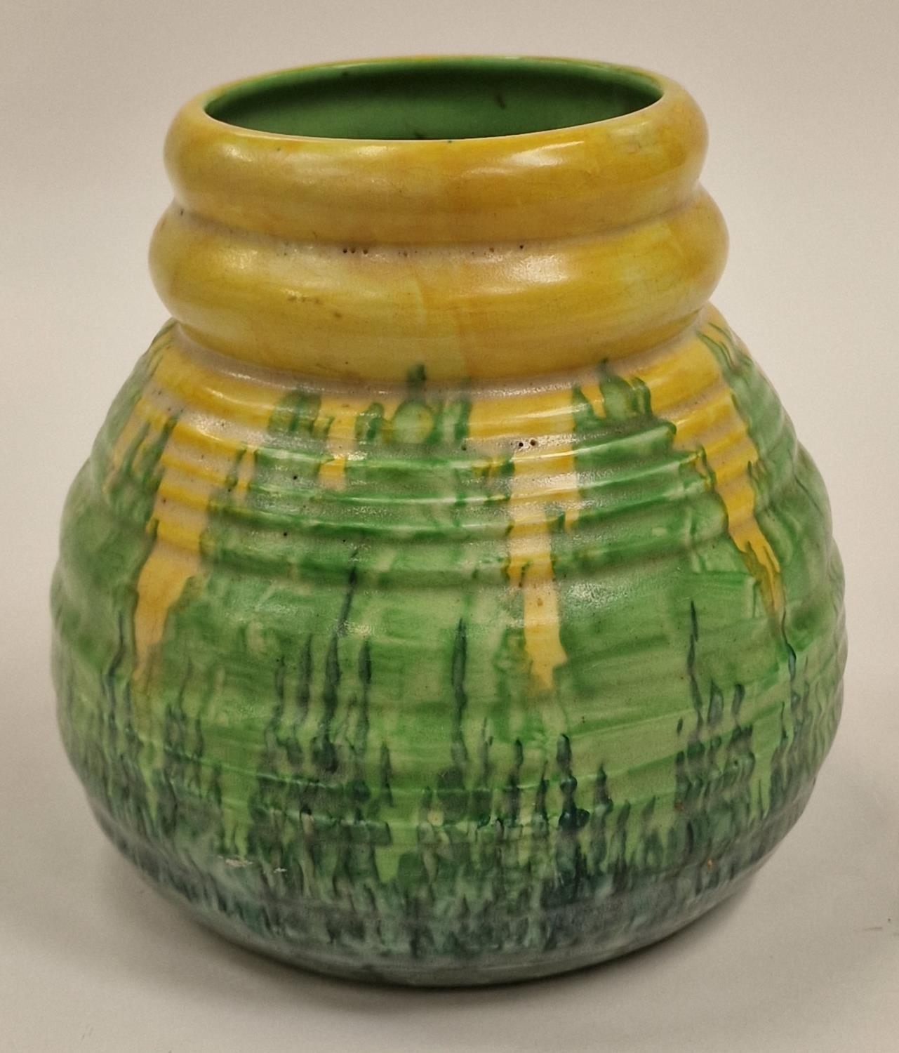 Carlton Ware "Running Drip" Art Deco green and yellow 1930's vase 15cm tall.