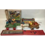 Great selection of vintage wooden child’s toys to include Tri-ang Fort in original box plus 2 pull