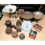 Collection of vintage weighing scales c/w a large quantity of weights of various sizes