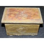 Antique copper coated wooden storage box containing a large quantity of unsorted sheet music.