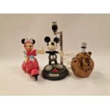 Mickey Mouse table lamp together with a pottery lamp and a Minnie Mouse figure (3).