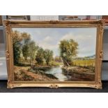 Gilt frame oil on canvas River country scene signed Peter Snell 105x75cm