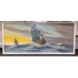 Large oil on canvas of Galleons signed to right hand corner R J Mitchell 48x110cm