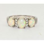 Opal 3 Stone Silver Ring Size S