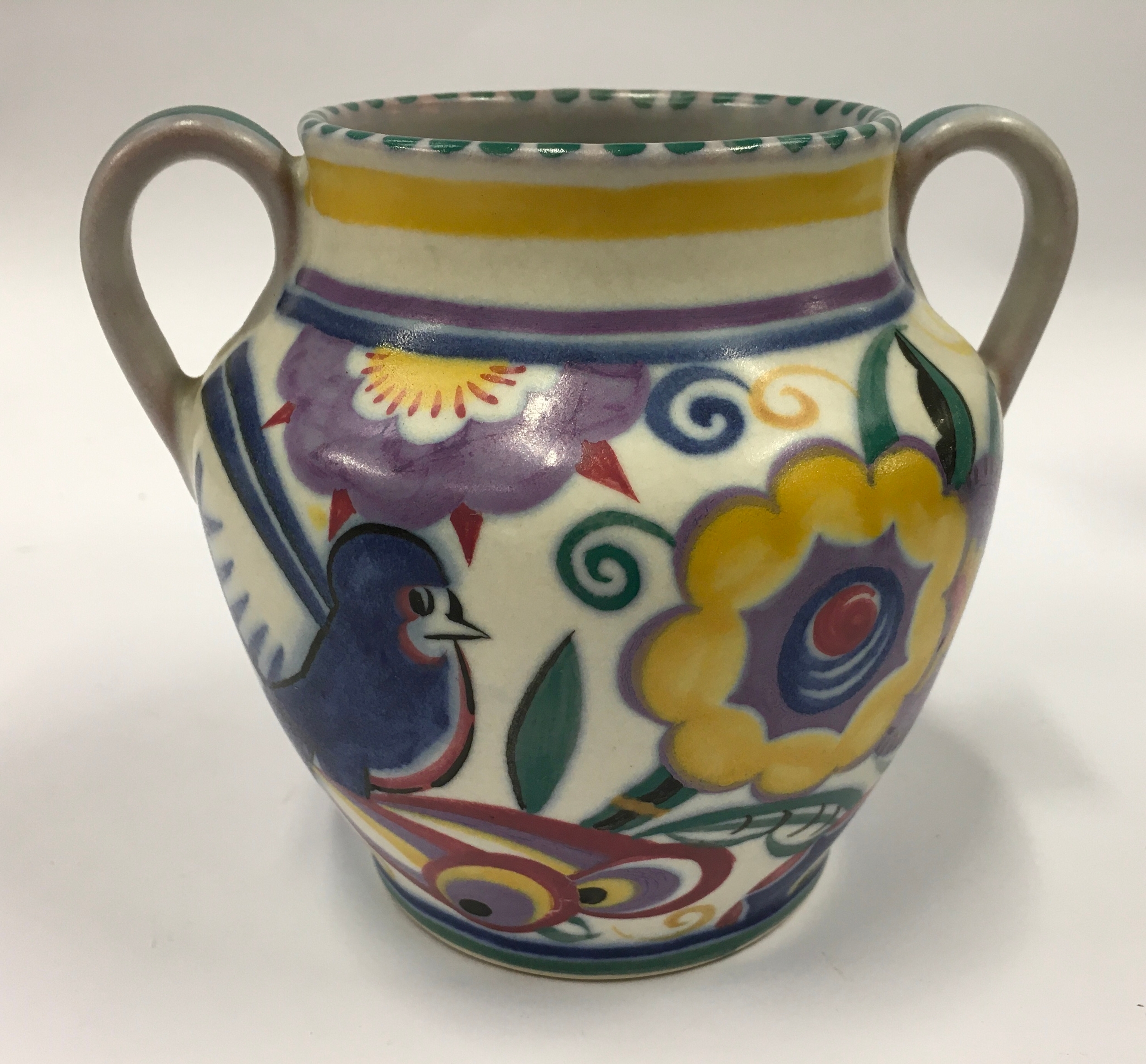 Poole Pottery shape 401 QB pattern (comical bird) twin handled vase 4.9"" high.