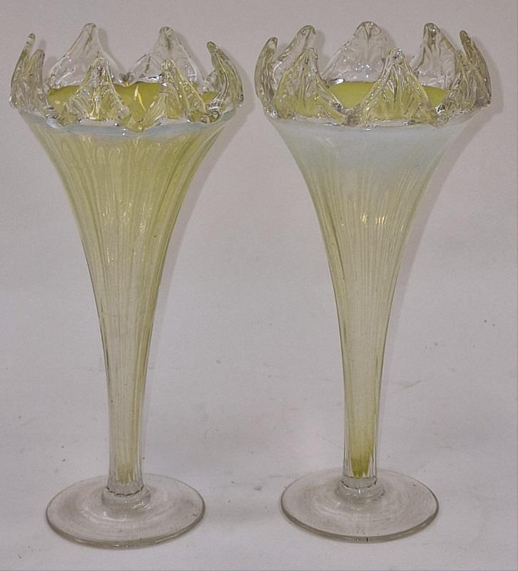 Pair of Victorian vaseline uranium glass trumpet vases 22.5cms tall