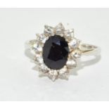 Sapphire/CZ 925 silver princess Di style cluster ring Size N
