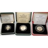 Royal Mint silver proof piedfort 5 pence (1990). 10 pence (1992)and 50 pence (1997) double thickness