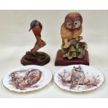 Elf Owl "" porcelain study on wooden plinth together 2 x Owl plates by John Owen and a study of a