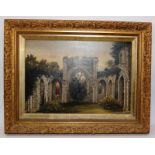 Antique oil on canvas of a ruined abbey scene signed bottom right corner H McKeown. Gilded gesso