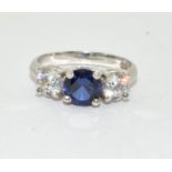 Lovely sapphire CZ w/g 925 silver trilogy ring Size M 1/2.