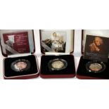 Royal Mint Silver Proof 50 pence coins, 2003, 2004, and 2005. Boxed with certificates.