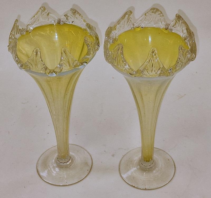 Pair of Victorian vaseline uranium glass trumpet vases 22.5cms tall - Image 2 of 3