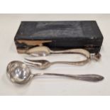 Pair boxed Dutch silver serving tongs 178g with the addition of a large serving ladle