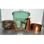 Enamel bread bin with lid and misc brass and copper items