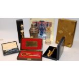 Small selection of collectibles including a silver plated cocktail shaker, glass perfume bottle, and