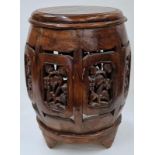Wooden carved stool of small proportions with decorative panels 46cm tall approx.