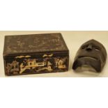 Oriental wooden box together with a tribal mask (2).