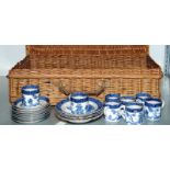 Wicker picnic basket together a quantity of "The Old Chinese Willow"coffee cans and saucers by
