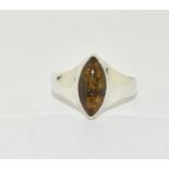 Green Baltic amber 925 silver marquise ring Size P