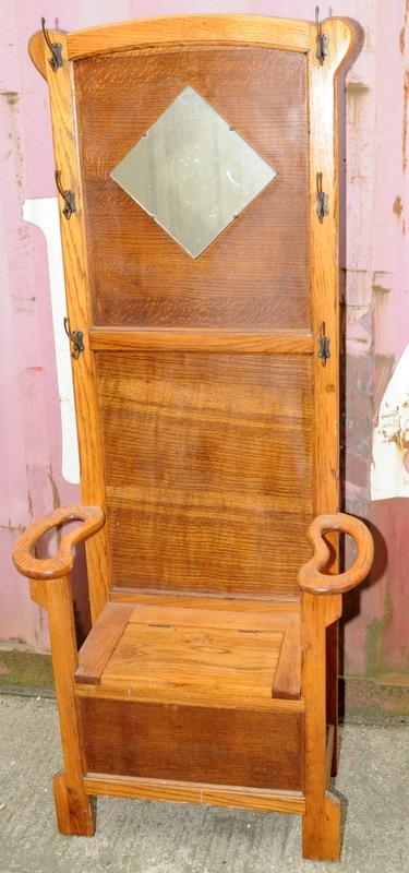 Vintage Oak mirror back hall stand with box seat and lift lid and coat hooks 180x75x35cm