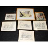 A collection of prints including a number featuring significant buildings in Williamsburg, Virginia.