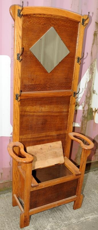 Vintage Oak mirror back hall stand with box seat and lift lid and coat hooks 180x75x35cm - Image 2 of 3