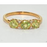 9ct Gold Ladies 3 Stone Peridot and Diamond Ring. Size R